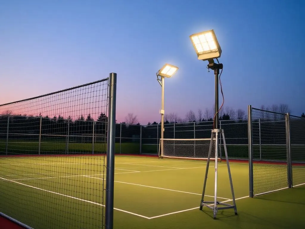فحص شبك ملعب وأعمدة إنارة LED مساءً