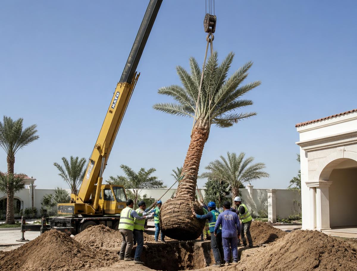 رفع نخلة كبيرة بمعدات ونقلها إلى حفرة مجهزة في حديقة فيلا